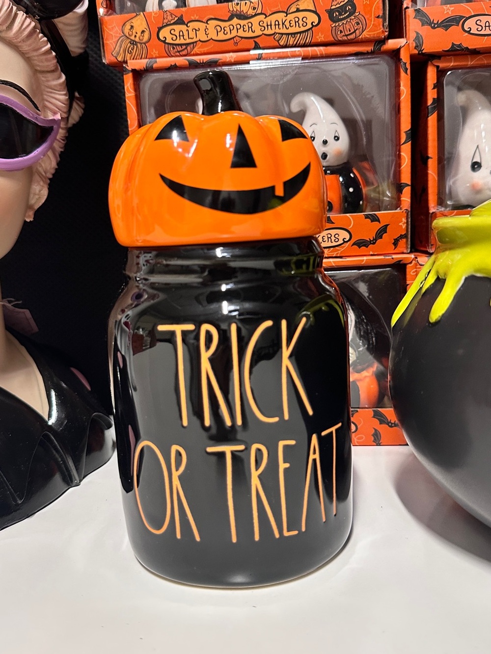 Rae Dunn Black Jar with Orange Pumpkin Lid - Trick Or Treat